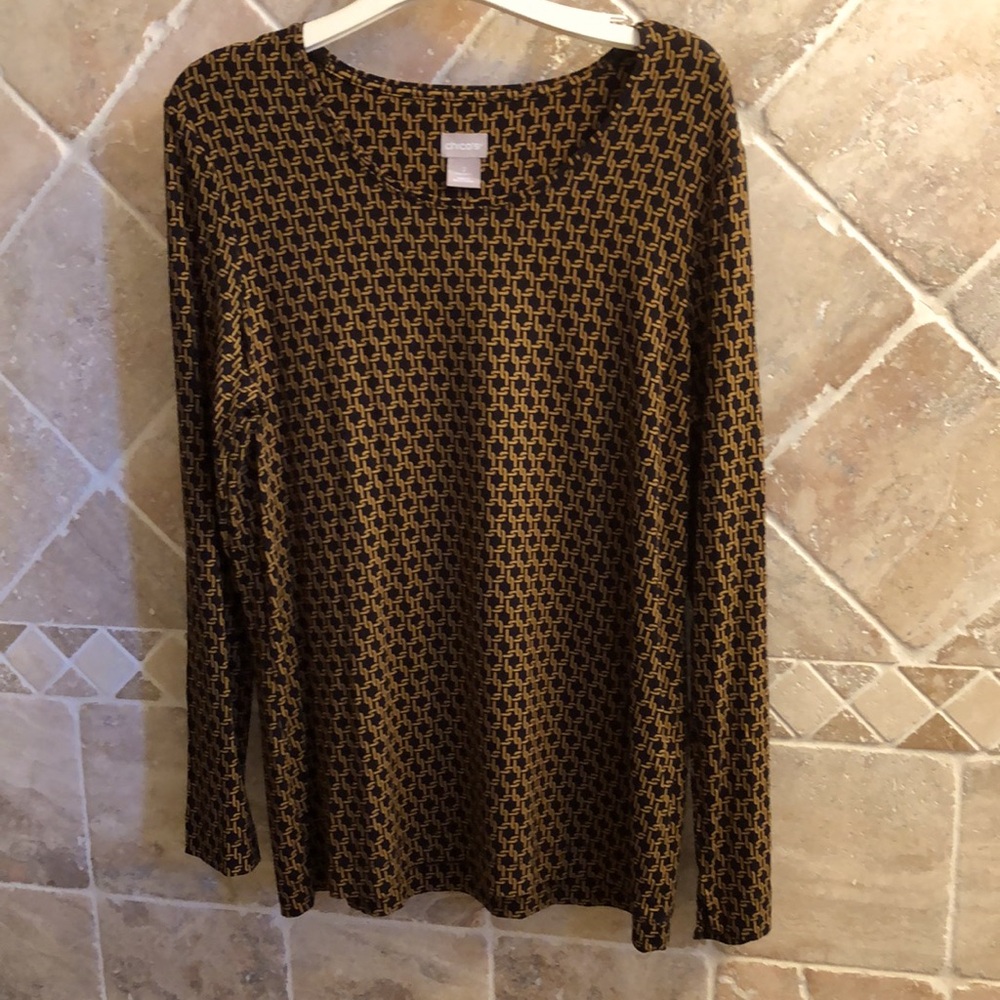 Chicos knit top. Black and gold chain pattern. Size 2. Never worn.